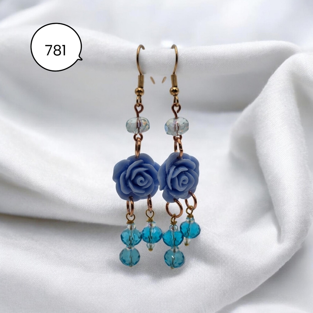 Handmade Blue Rose Dangle Earrings – Floral Earrings with Teal Crystal Beads
